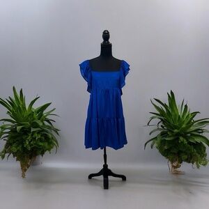 Lavender Brown Flutter Sleeve Tiered Mini-Dress (Cobalt)